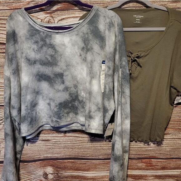 Arizona  set of (2) cropped XXXL tops gray tie dye/ olive green NWT - Picture 1 of 9